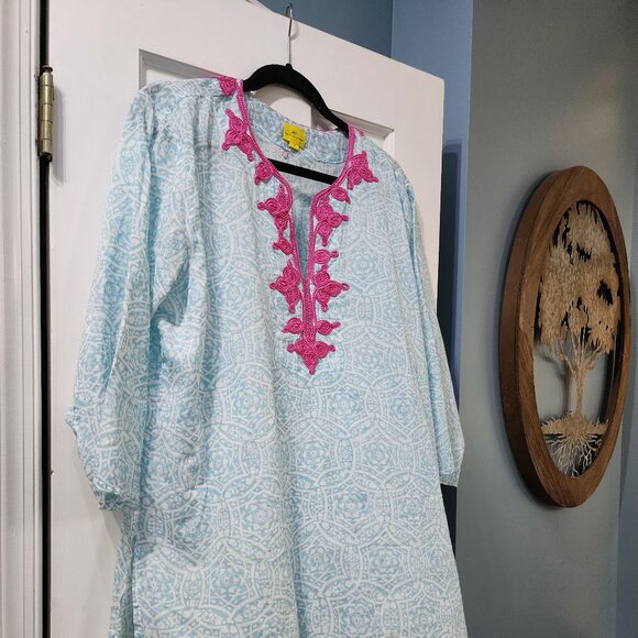 Light Teal Tunic Top with Pink Yoke - Picture 1 of 6